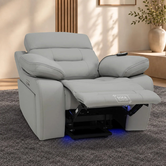 1 Seater Smart Tech Riser Recliner Cinema Chair | Light Grey Real Leather | Sicily
