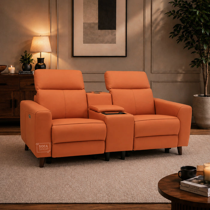 2 Seater Electric Recliner Sofa | Orange Real Leather | Toro
