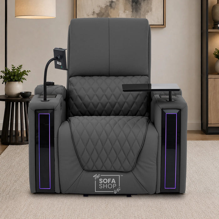 1 Seater Smart Tech Riser Recliner Cinema Chair | Luxury Theatre Seating | Grey Real Leather | Assisi