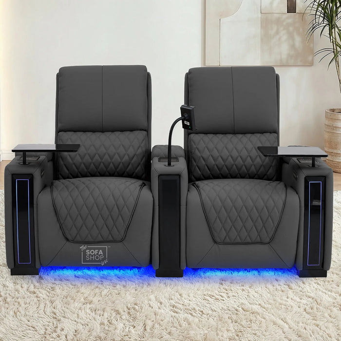 2 Seater Smart Tech Electric Recliner Cinema Sofa | Luxury Theatre Seating | Grey Real Leather | Assisi