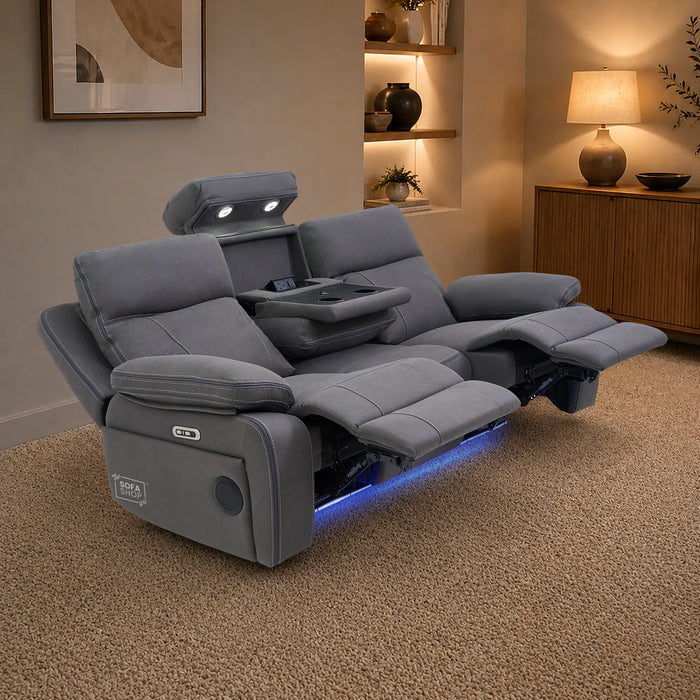3 Seater Smart Tech Electric Recliner Cinema Sofa | Grey Fabric | Vinsonova
