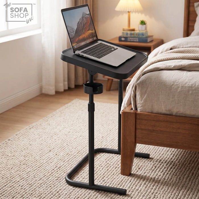 Adjustable C-Shaped Sofa Side Table | Tilting Top + Cup Holder | Portland