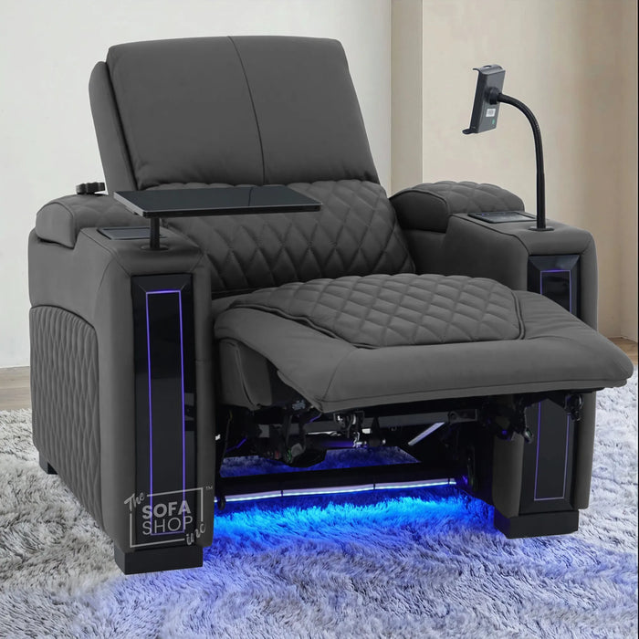1 Seater Smart Tech Electric Recliner Cinema Chair | Luxury Theatre Seating | Grey Real Leather | Assisi
