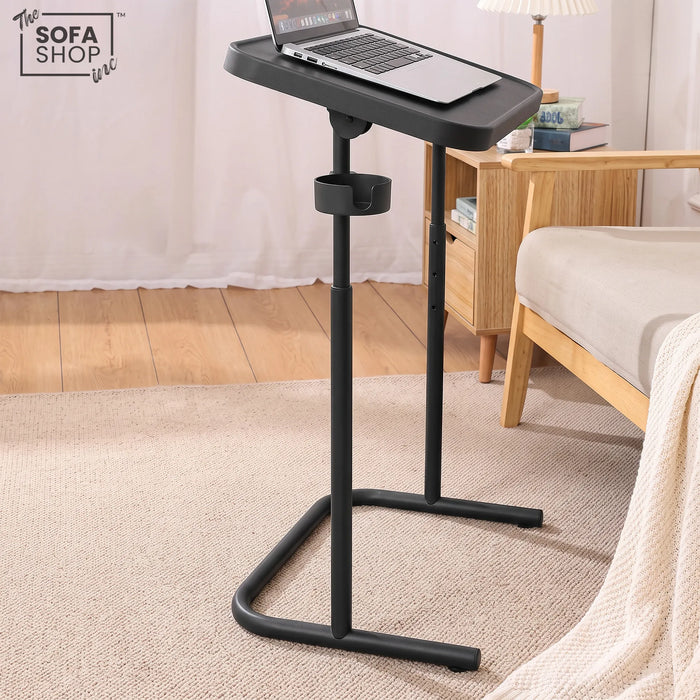 Adjustable C-Shaped Sofa Side Table | Tilting Top + Cup Holder | Portland