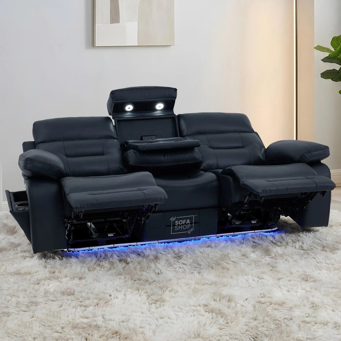 3 Seater Smart Tech Electric Recliner Cinema Sofa | Black Real Leather | Sicily