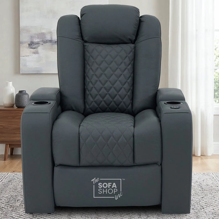 1 Seater Smart Tech Electric Recliner Cinema Chair | Luxury Theatre Seating | Grey Real Leather | Milano