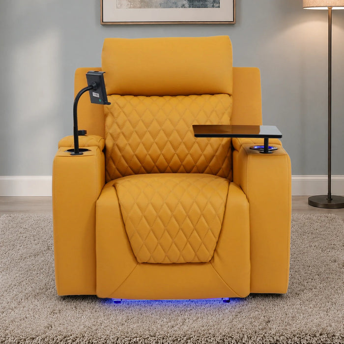 1 Seater Smart Tech Electric Recliner Cinema Chair | Luxury Theatre Seating | Mustard Yellow Real Leather | Vicenza