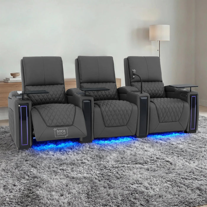 3 Seater Smart Tech Electric Recliner Cinema Sofa | Luxury Theatre Seating | Grey Real Leather | Assisi