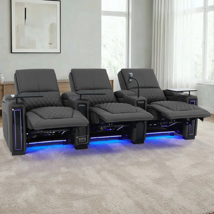 3 Seater Smart Tech Electric Recliner Cinema Sofa | Luxury Theatre Seating | Grey Real Leather | Assisi