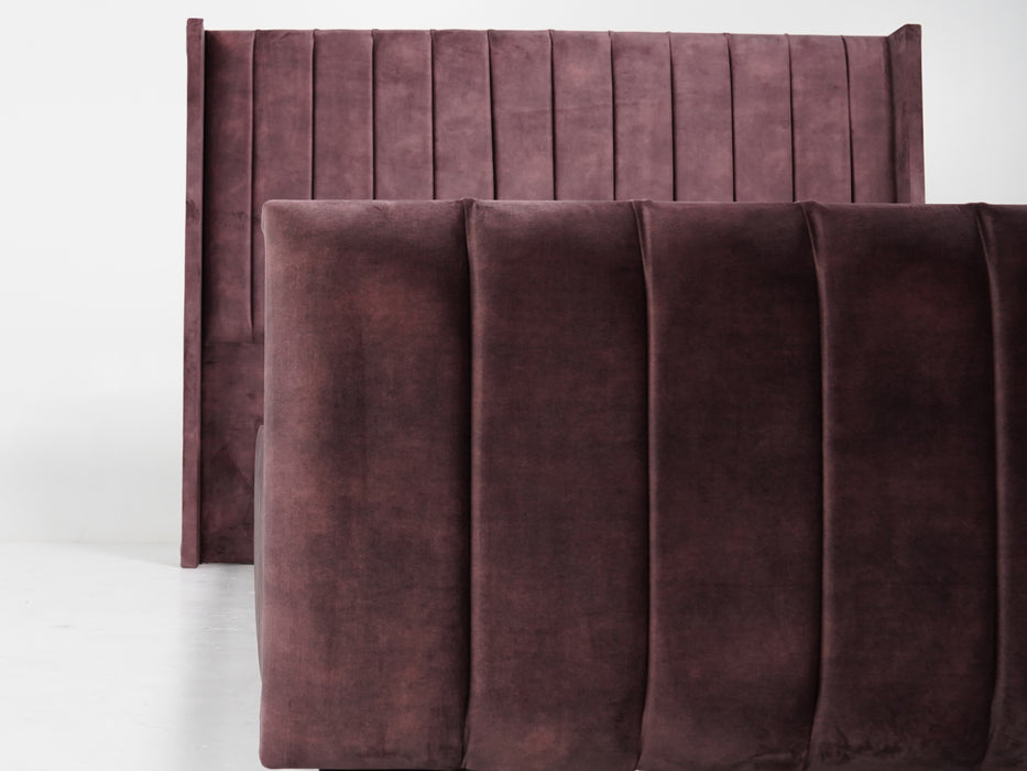 Burgundy Velvet Wingback Bed Frame | Two Ripped Corners on Footboard Upholstery | Ex Display Bed Frame