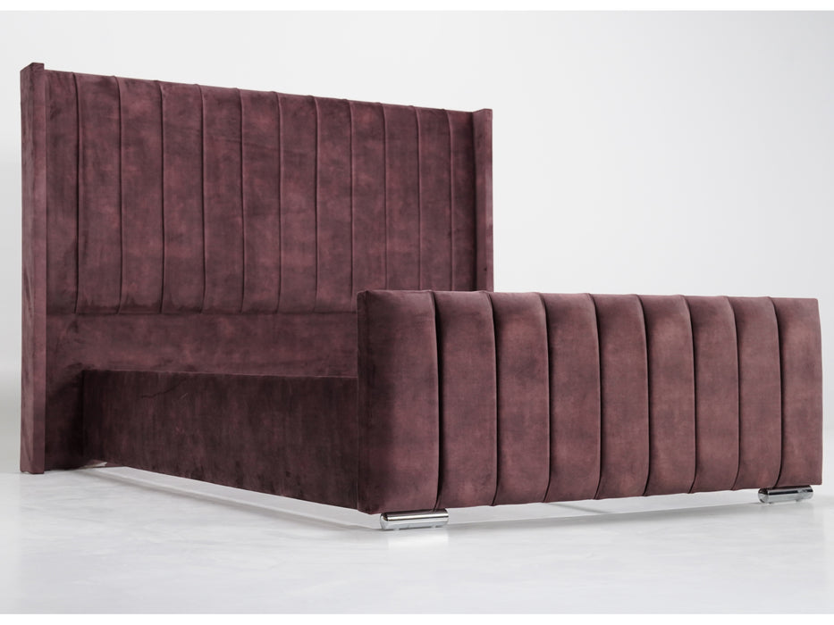 Burgundy Velvet Wingback Bed Frame | Two Ripped Corners on Footboard Upholstery | Ex Display Bed Frame