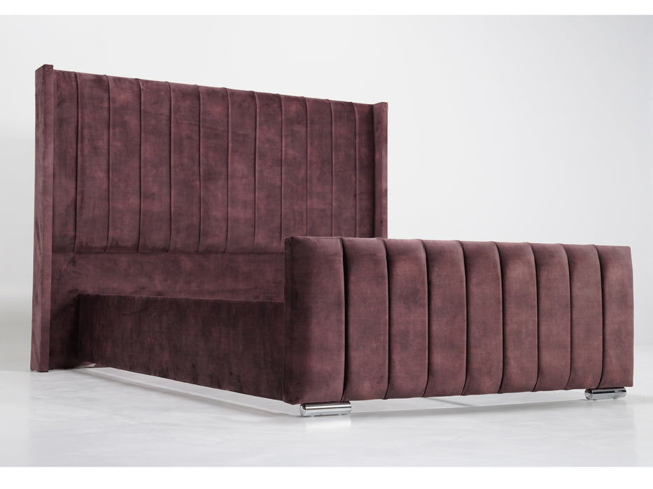 Burgundy Velvet Wingback Bed Frame | Two Ripped Corners on Footboard Upholstery | Ex Display Bed Frame