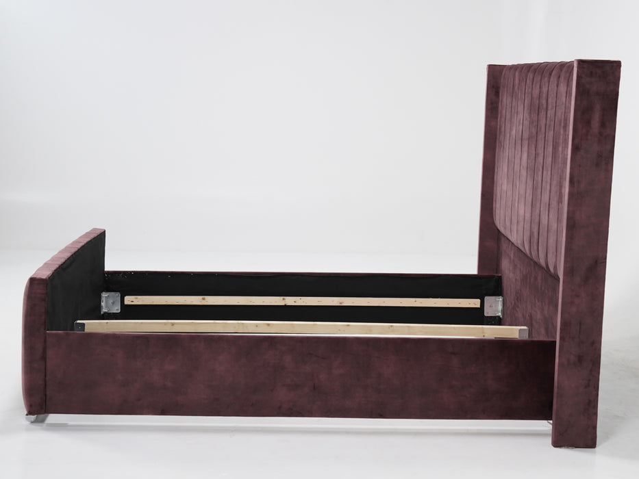 Burgundy Velvet Wingback Bed Frame | Two Ripped Corners on Footboard Upholstery | Ex Display Bed Frame