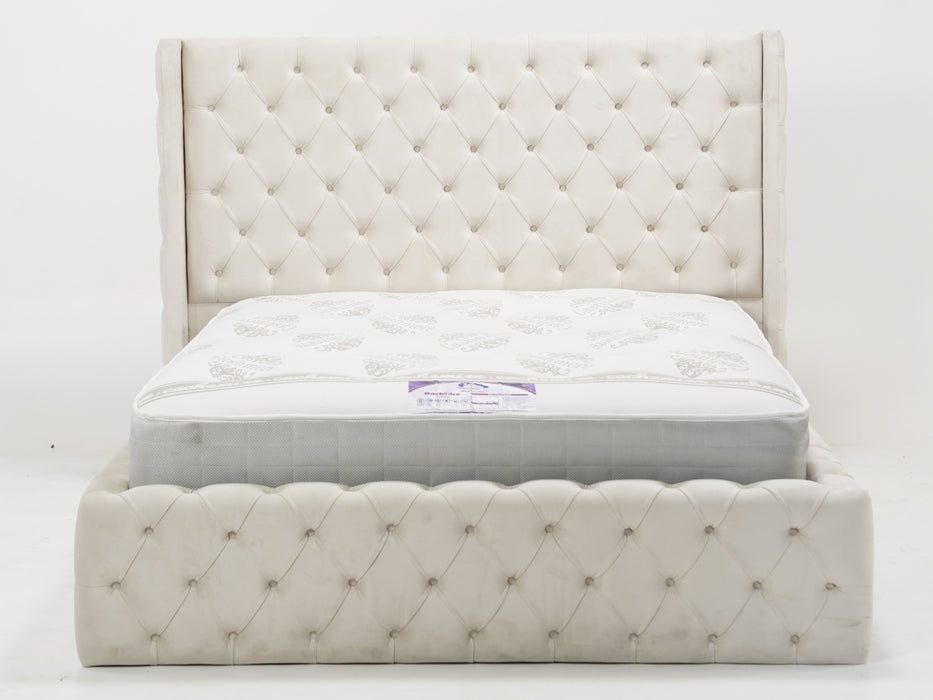 Cream Wingback Chesterfield Storage Ottoman Bed Frame (No Mattress) with Gas-Lift Mechanism | Ex Display Bed Frame in Like-New Condition