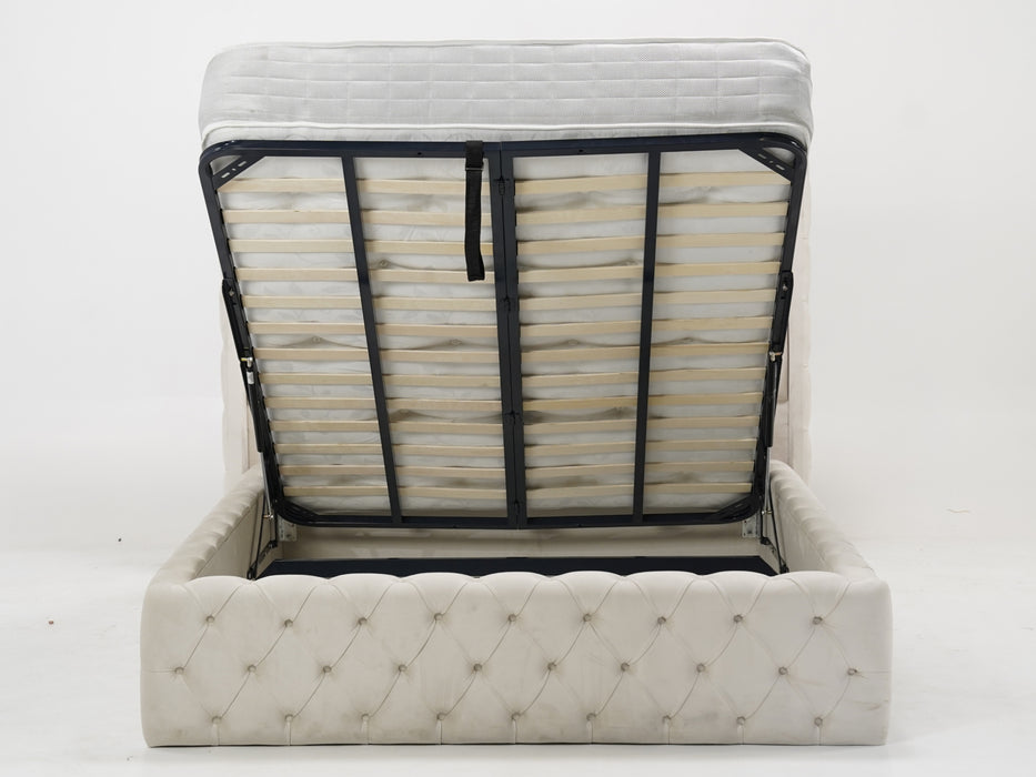 Cream Wingback Chesterfield Storage Ottoman Bed Frame (No Mattress) with Gas-Lift Mechanism | Ex Display Bed Frame in Like-New Condition