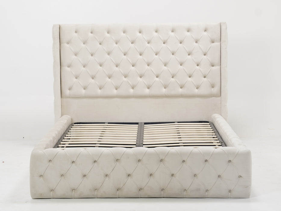 Cream Wingback Chesterfield Storage Ottoman Bed Frame (No Mattress) with Gas-Lift Mechanism | Ex Display Bed Frame in Like-New Condition