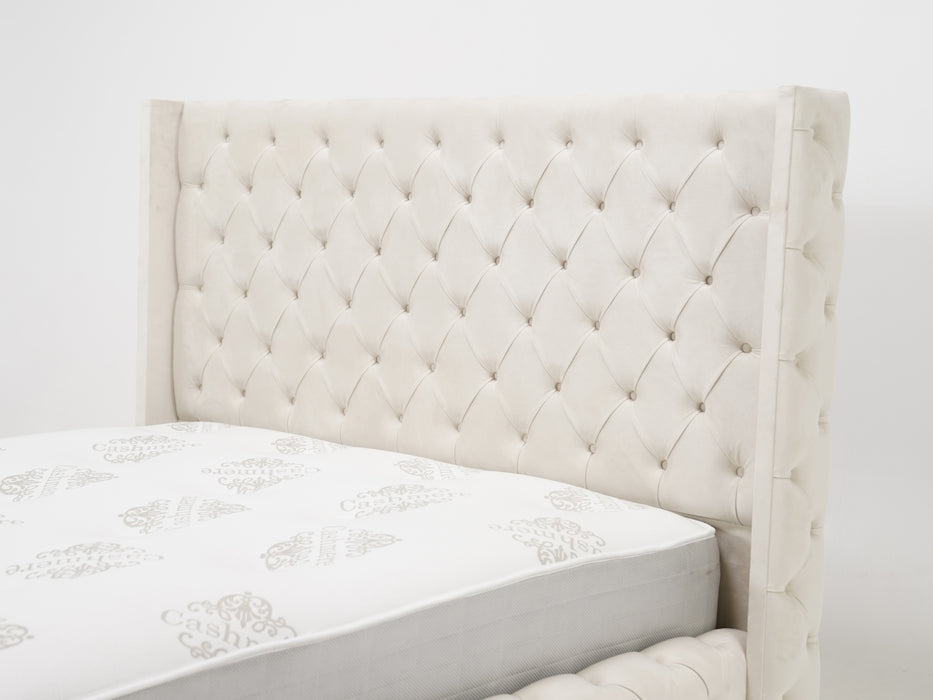 Cream Wingback Chesterfield Storage Ottoman Bed Frame (No Mattress) with Gas-Lift Mechanism | Ex Display Bed Frame in Like-New Condition