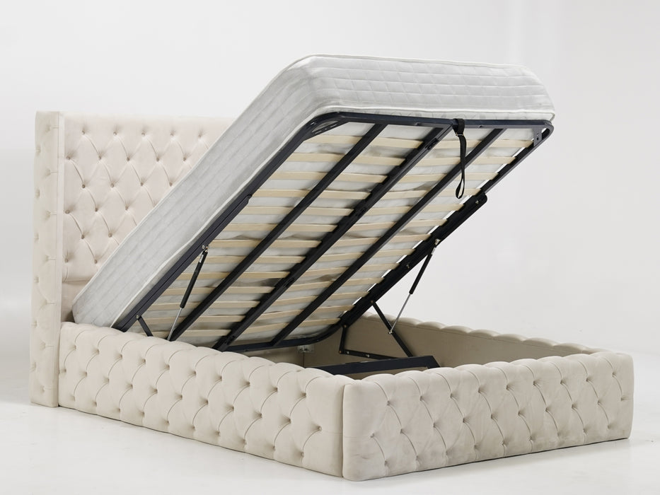 Cream Wingback Chesterfield Storage Ottoman Bed Frame (No Mattress) with Gas-Lift Mechanism | Ex Display Bed Frame in Like-New Condition