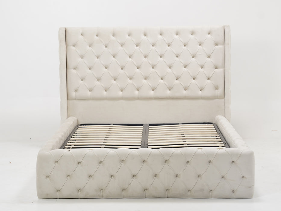 Cream Wingback Chesterfield Storage Ottoman Bed Frame (No Mattress) with Gas-Lift Mechanism | Ex Display Bed Frame in Like-New Condition