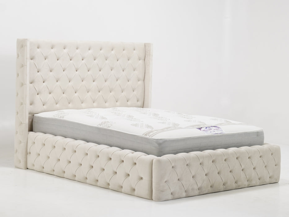Cream Wingback Chesterfield Storage Ottoman Bed Frame (No Mattress) with Gas-Lift Mechanism | Ex Display Bed Frame in Like-New Condition