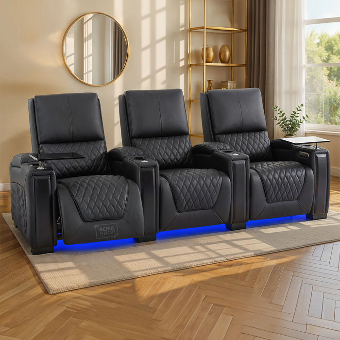3 Seater Smart Tech Electric Recliner Cinema Sofa | Luxury Theatre Seating | Black Real Leather | Assisi