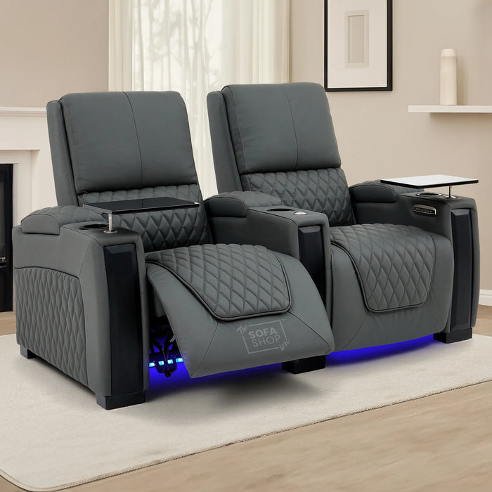 2 Seater Smart Tech Electric Recliner Cinema Sofa | Luxury Theatre Seating | Grey Real Leather | Assisi