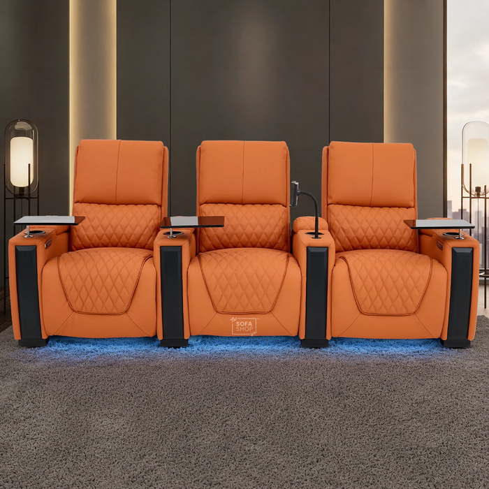 3 Seater Smart Tech Electric Recliner Cinema Sofa | Luxury Theatre Seating | Orange Real Leather | Assisi