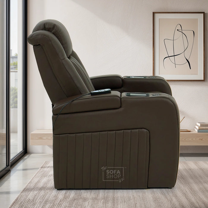 1 Seater Smart Tech Electric Recliner Cinema Chair | Luxury Theatre Seating | Brown Real Leather | Capri