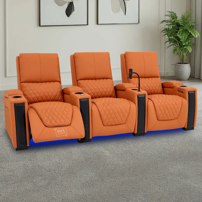 3 Seater Smart Tech Electric Recliner Cinema Sofa | Luxury Theatre Seating | Orange Real Leather | Assisi