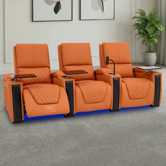 3 Seater Smart Tech Electric Recliner Cinema Sofa | Luxury Theatre Seating | Orange Real Leather | Assisi