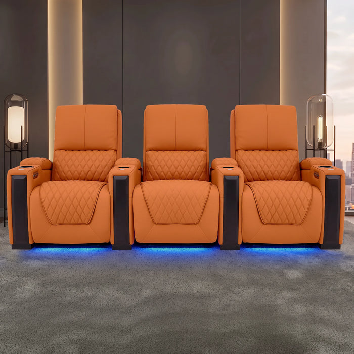 3 Seater Smart Tech Electric Recliner Cinema Sofa | Luxury Theatre Seating | Orange Real Leather | Assisi